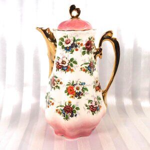 Unmarked Pink  and White Floral Teapot Chocolate Pot # 26139